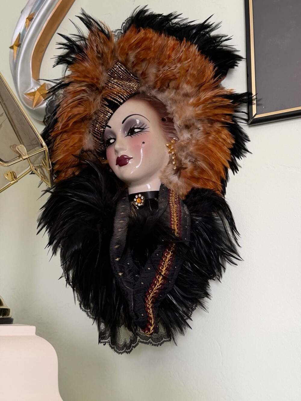 Vintage Porcelain Lady Wall Mask with Feather and Lace Embellishments